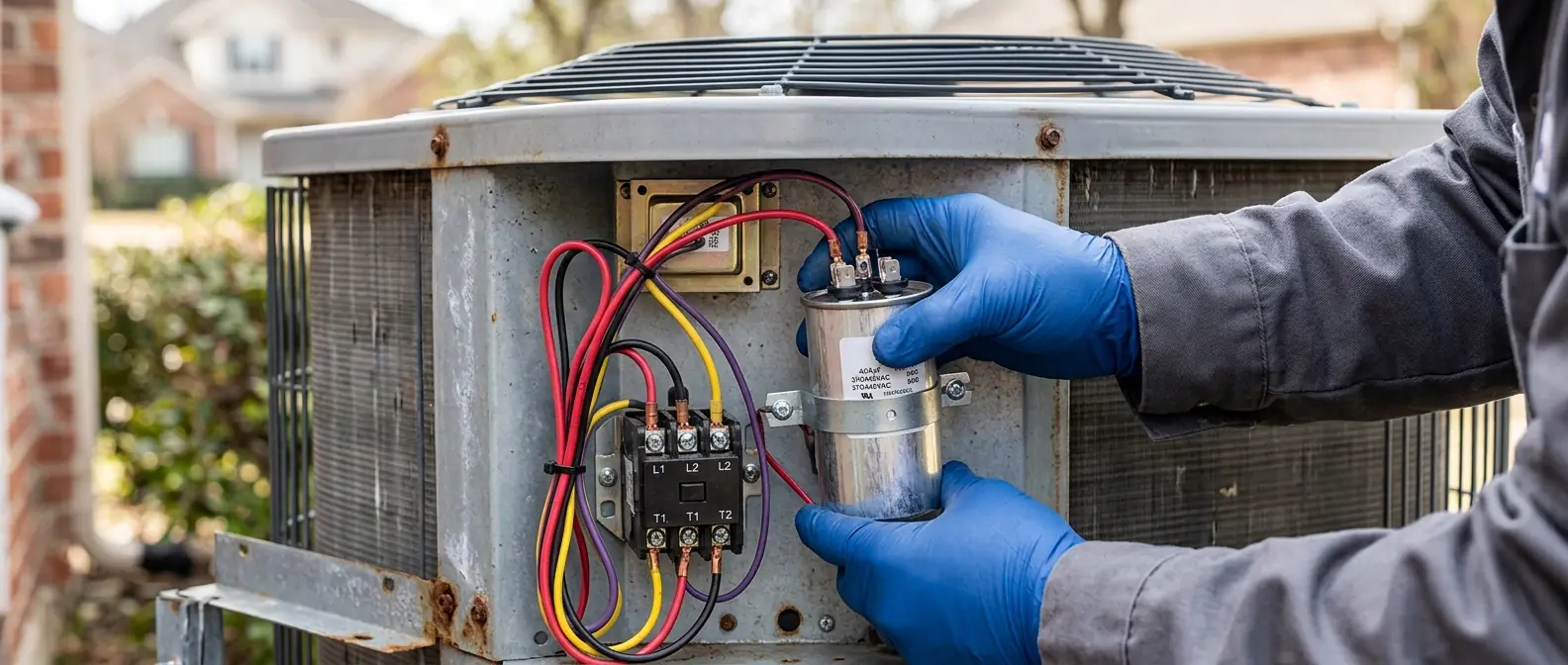 Close-up of a replacement capacitor being fitted in an air conditioning unit