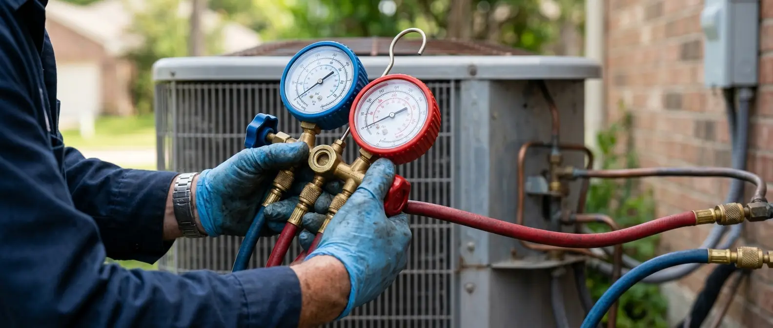Technician reading refrigerant pressure gauges during an AC diagnostic