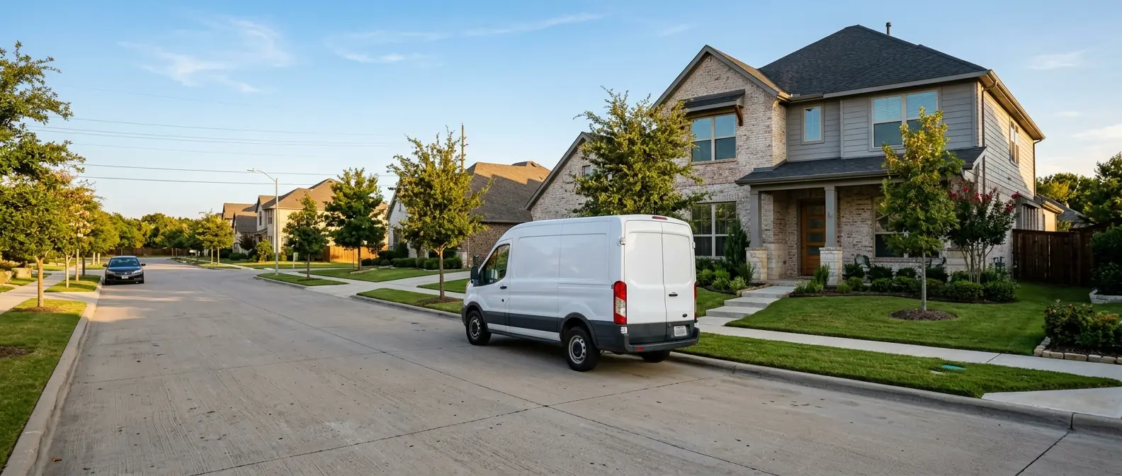Service van parked outside a suburban home in Frisco, Texas