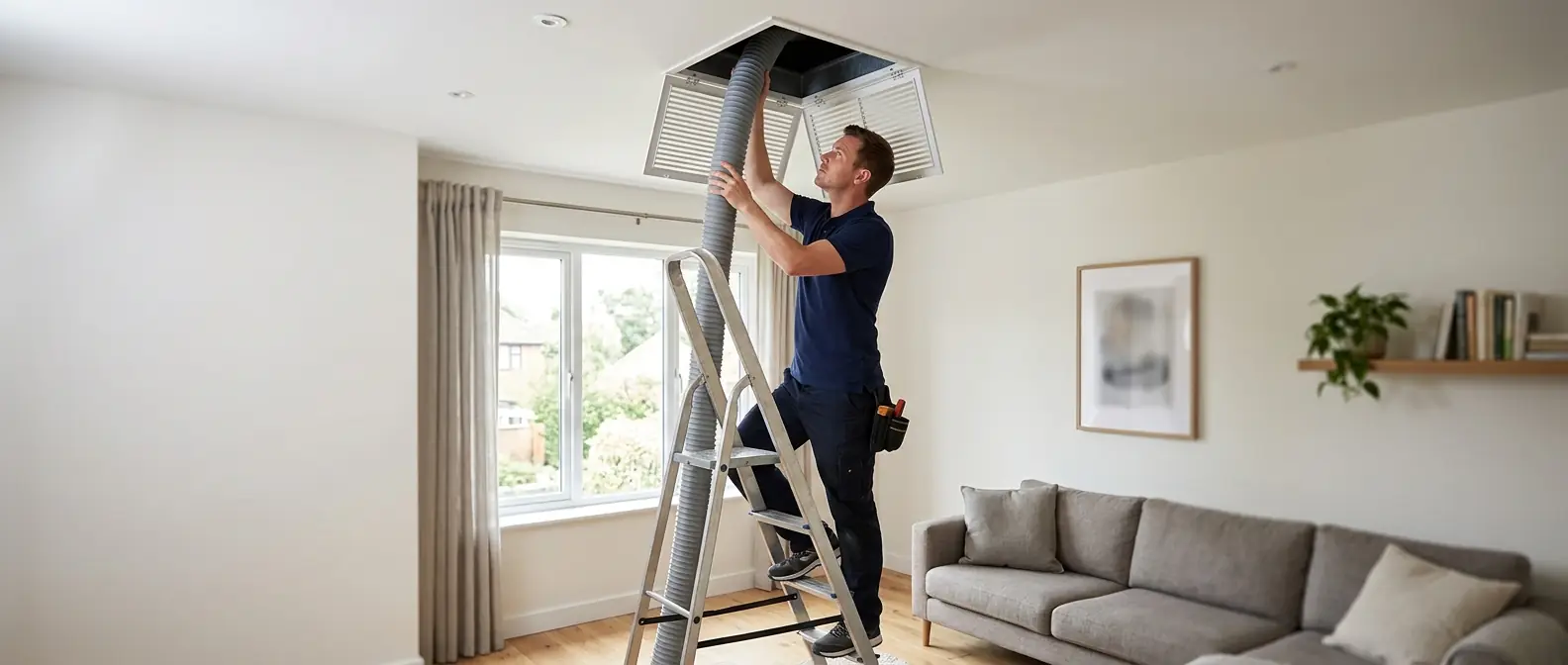 Rotary brush cleaning a residential air duct run